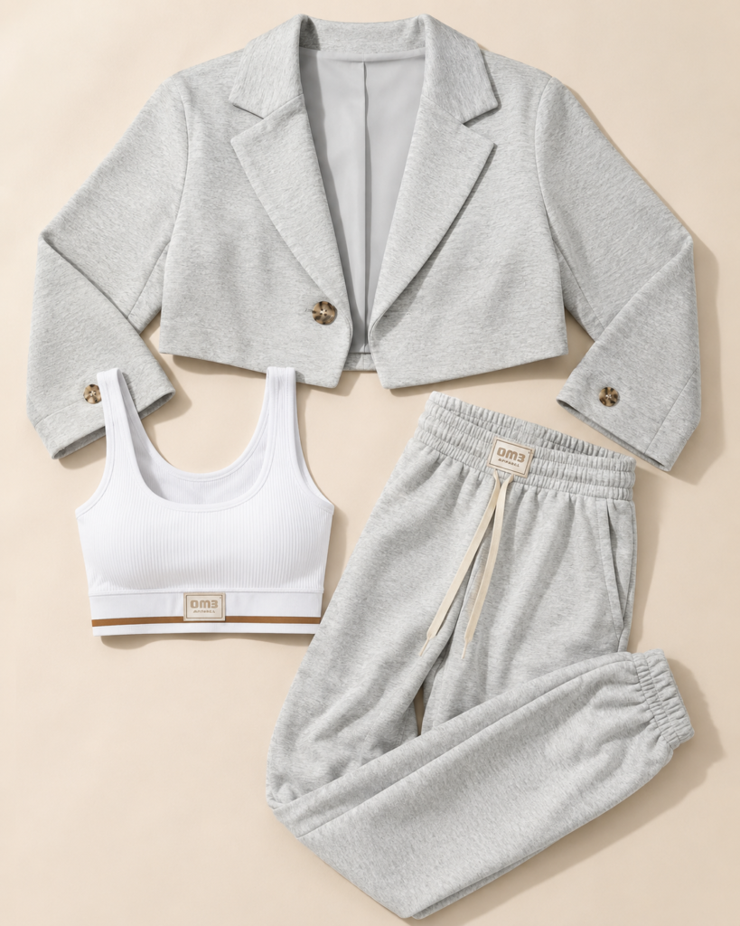 Women's 3-Piece Luxe Athleisure Set – Cropped Blazer, Ribbed Crop Top & Joggers