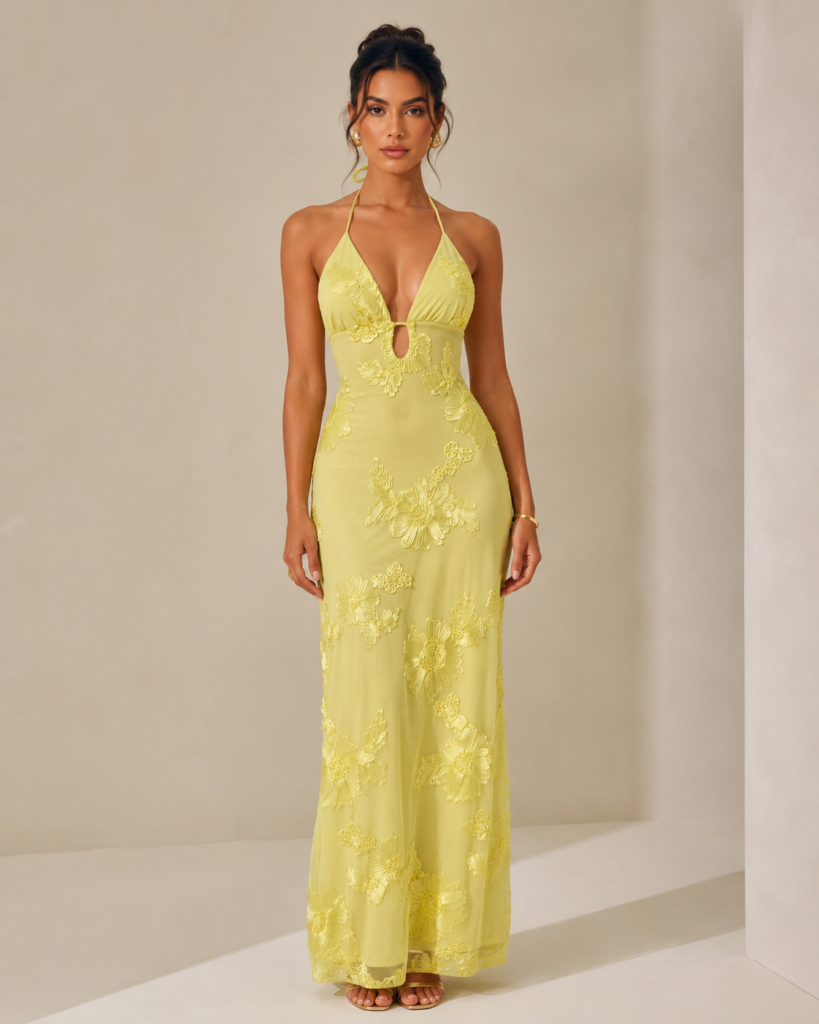 SHELLA 3D Floral Appliqué Halter Keyhole Maxi Dress