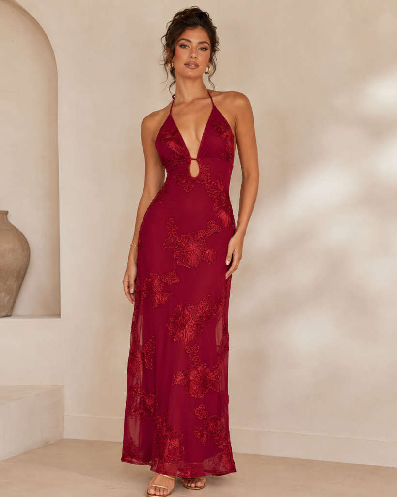 SHELLA 3D Floral Appliqué Halter Keyhole Maxi Dress
