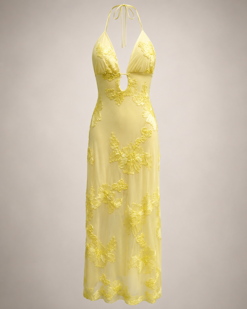 SHELLA 3D Floral Appliqué Halter Keyhole Maxi Dress