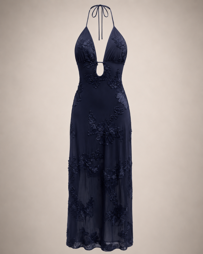 SHELLA 3D Floral Appliqué Halter Keyhole Maxi Dress