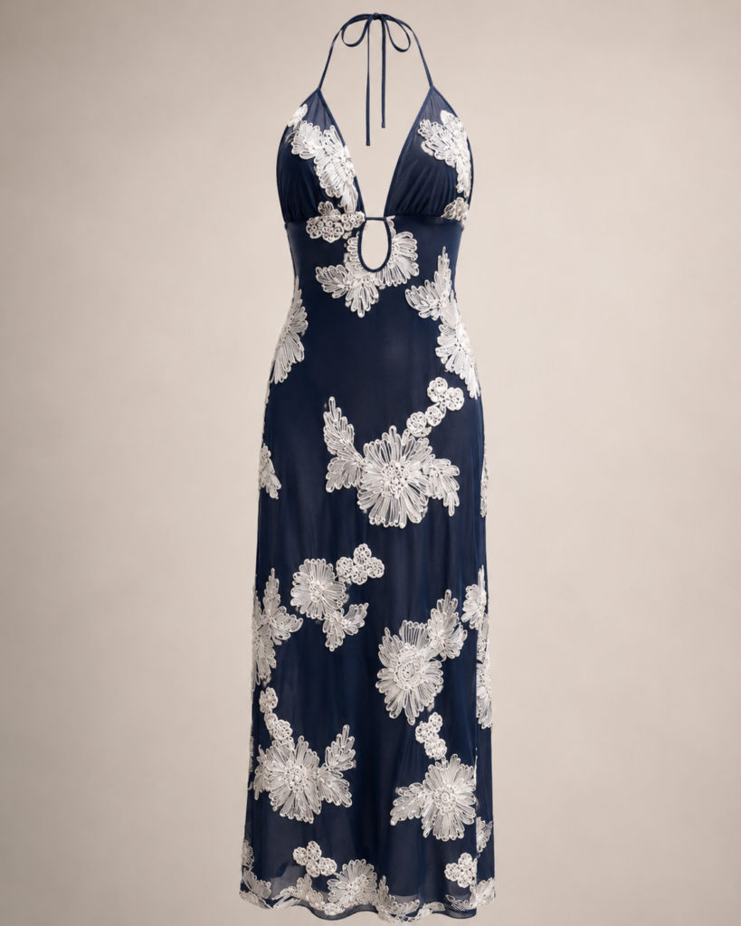 SHELLA 3D Floral Appliqué Halter Keyhole Maxi Dress