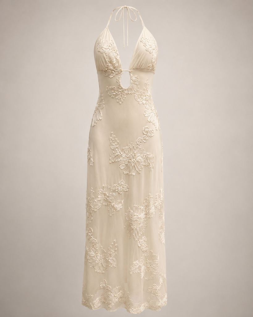 SHELLA 3D Floral Appliqué Halter Keyhole Maxi Dress