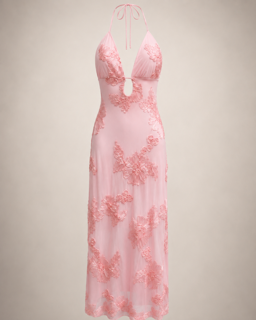 SHELLA 3D Floral Appliqué Halter Keyhole Maxi Dress