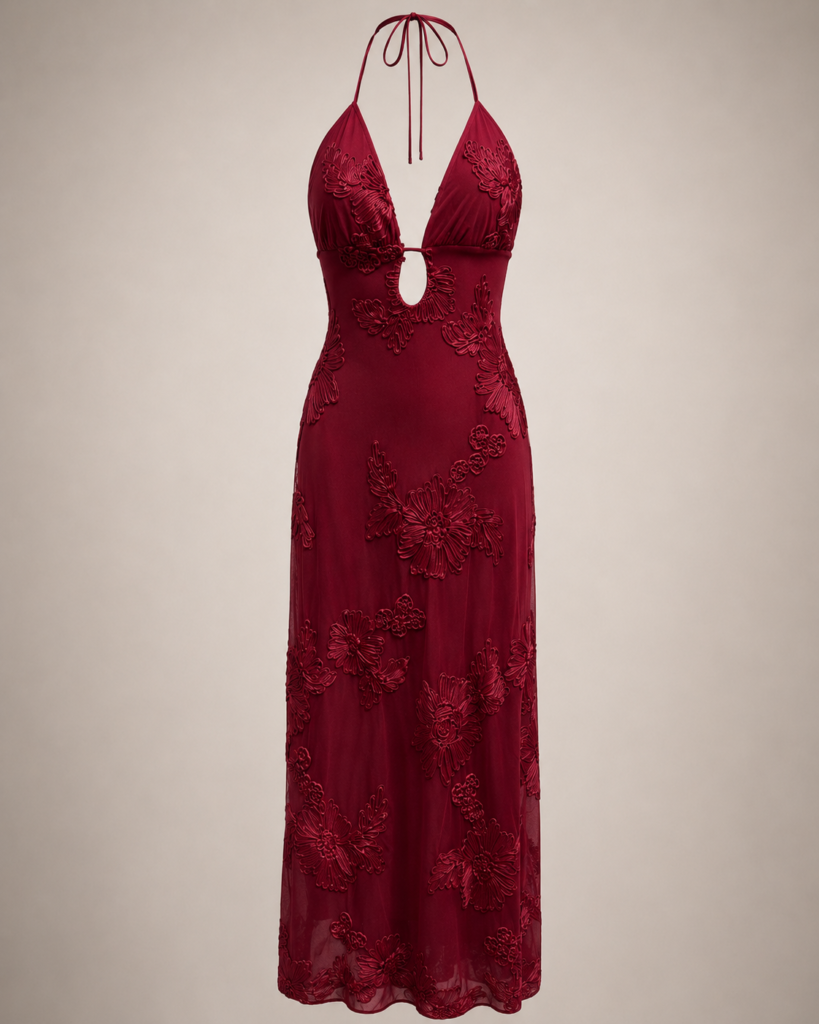 SHELLA 3D Floral Appliqué Halter Keyhole Maxi Dress