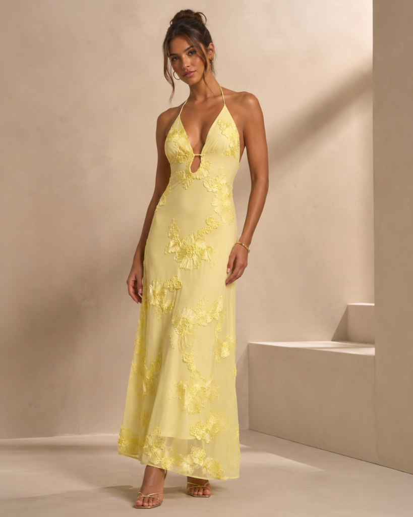 SHELLA 3D Floral Appliqué Halter Keyhole Maxi Dress