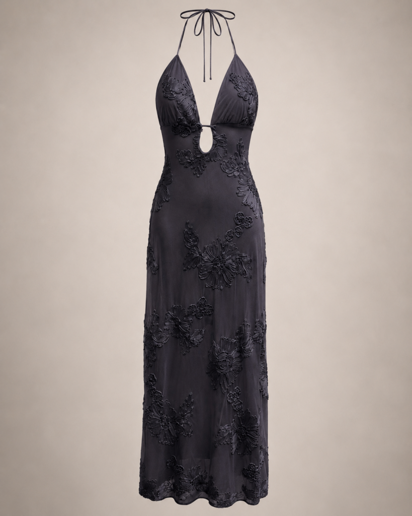 SHELLA 3D Floral Appliqué Halter Keyhole Maxi Dress