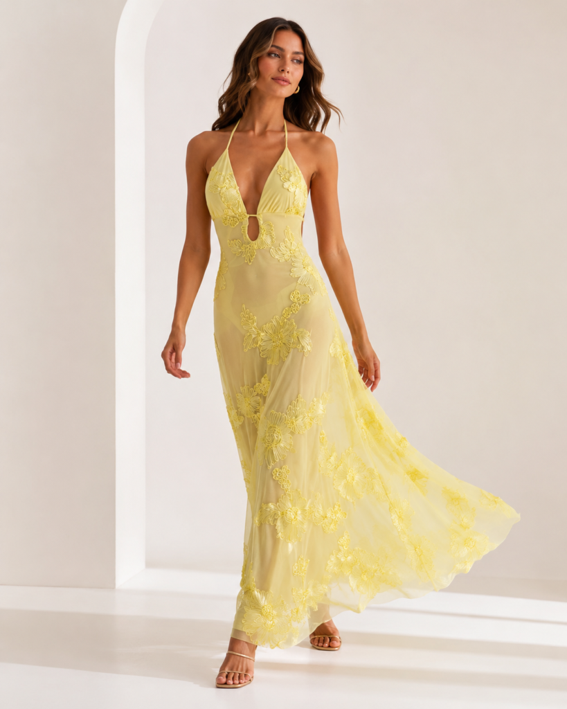 SHELLA 3D Floral Appliqué Halter Keyhole Maxi Dress