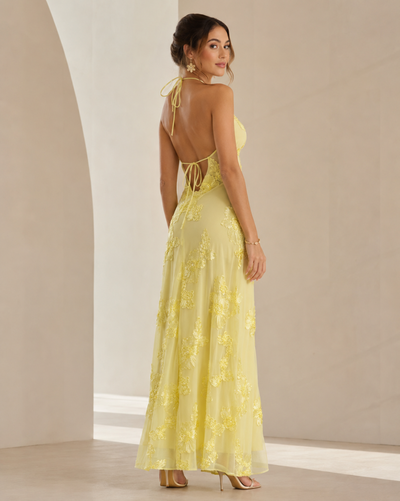 SHELLA 3D Floral Appliqué Halter Keyhole Maxi Dress