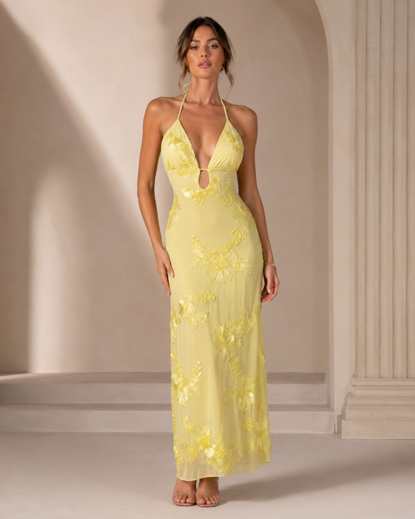 SHELLA 3D Floral Appliqué Halter Keyhole Maxi Dress