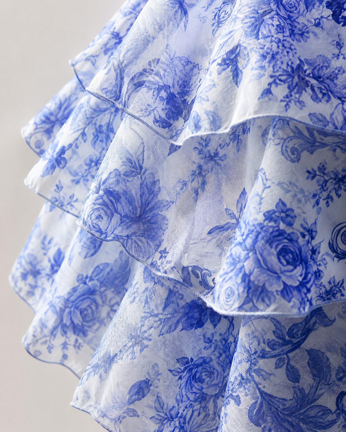SHELLA — Robe courte fleurie toile bleu & blanc à volants étagés / Blue & White Toile Floral Tiered Ruffle Mini Dress / فستان قصير مزهّر أزرق وأبيض بكشكشة متدرّجة
