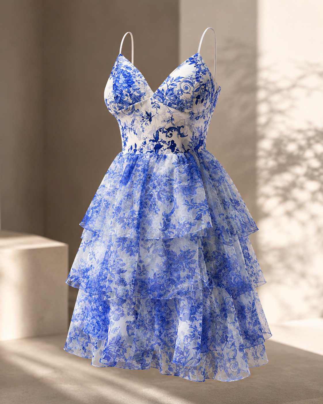 SHELLA — Robe courte fleurie toile bleu & blanc à volants étagés / Blue & White Toile Floral Tiered Ruffle Mini Dress / فستان قصير مزهّر أزرق وأبيض بكشكشة متدرّجة