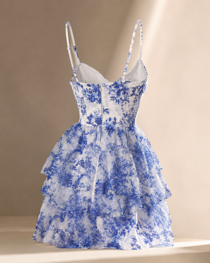 Blue & White Toile Floral Tiered Ruffle Mini Dress