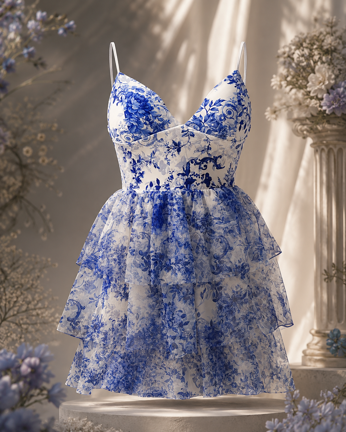 SHELLA — Robe courte fleurie toile bleu & blanc à volants étagés / Blue & White Toile Floral Tiered Ruffle Mini Dress / فستان قصير مزهّر أزرق وأبيض بكشكشة متدرّجة