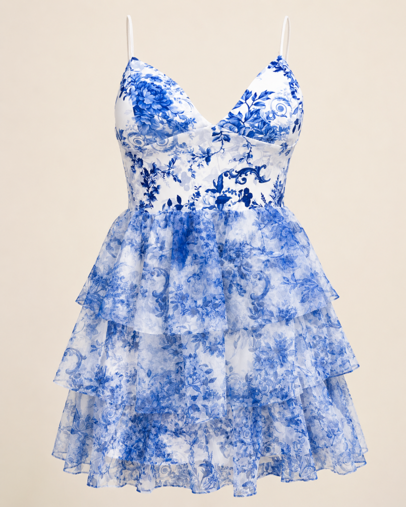 Blue & White Toile Floral Tiered Ruffle Mini Dress