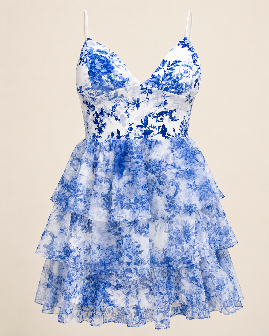 SHELLA — Robe courte fleurie toile bleu & blanc à volants étagés / Blue & White Toile Floral Tiered Ruffle Mini Dress / فستان قصير مزهّر أزرق وأبيض بكشكشة متدرّجة
