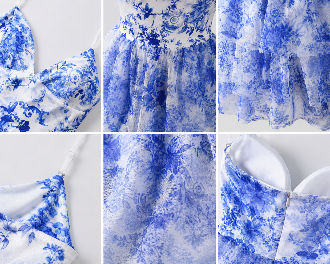 SHELLA — Robe courte fleurie toile bleu & blanc à volants étagés / Blue & White Toile Floral Tiered Ruffle Mini Dress / فستان قصير مزهّر أزرق وأبيض بكشكشة متدرّجة