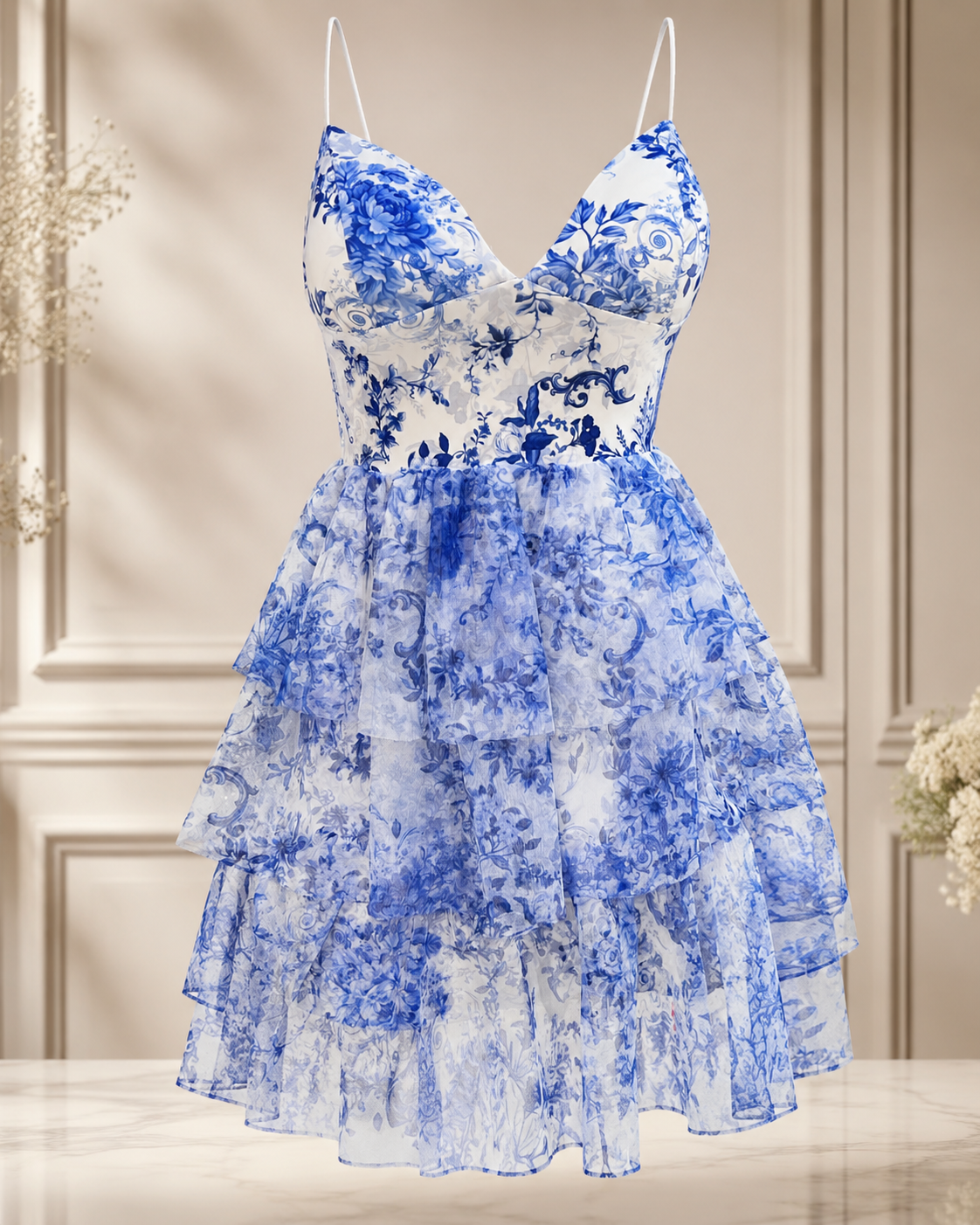 SHELLA — Robe courte fleurie toile bleu & blanc à volants étagés / Blue & White Toile Floral Tiered Ruffle Mini Dress / فستان قصير مزهّر أزرق وأبيض بكشكشة متدرّجة