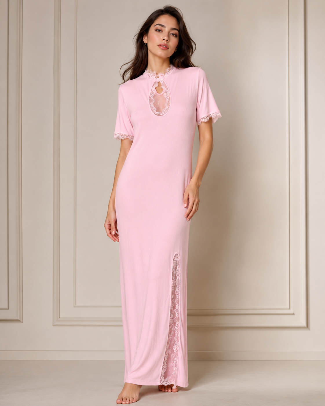 SHELLA — Chemise de nuit longue rose côtelée à bordure dentelle / Blush Pink Ribbed Lace-Trim Maxi Nightgown / قميص نوم طويل وردي مضلّع بحافة دانتيل