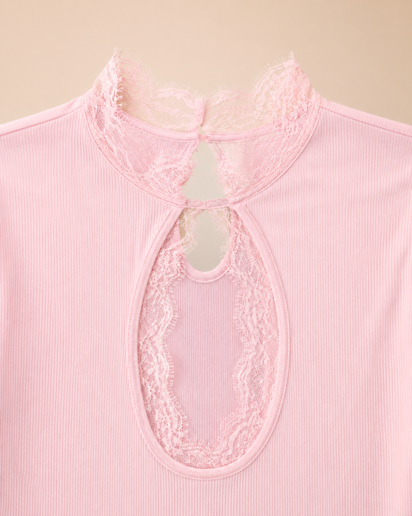 Blush Pink Ribbed Lace-Trim Maxi Nightgown