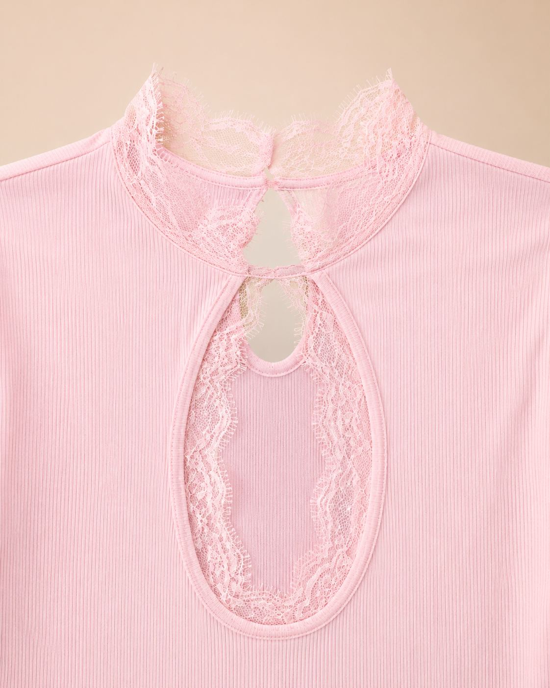 SHELLA — Chemise de nuit longue rose côtelée à bordure dentelle / Blush Pink Ribbed Lace-Trim Maxi Nightgown / قميص نوم طويل وردي مضلّع بحافة دانتيل