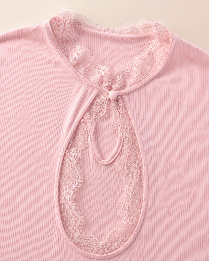 Blush Pink Ribbed Lace-Trim Maxi Nightgown