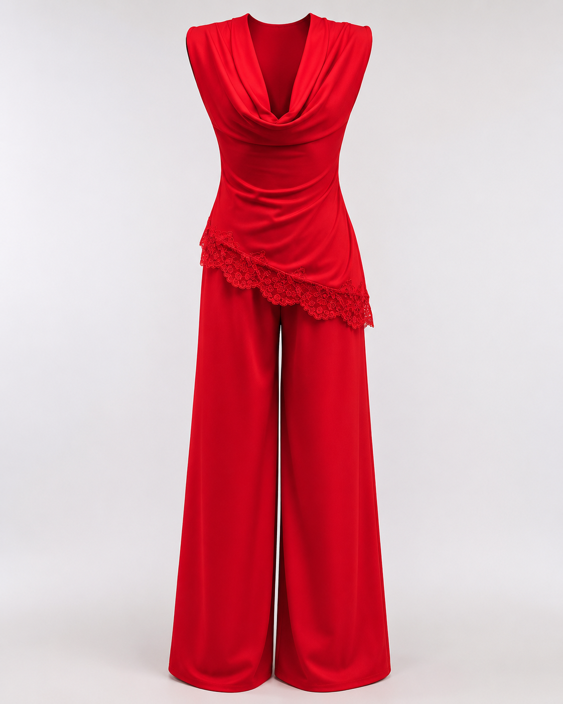 SHELLA — Ensemble palazzo 2 pièces : top drapé col bénitier sans manches à bordure dentelle & pantalon large / Draped Cowl Neck Lace Trim Wide-Leg Palazzo Co-Ord Set / طقم بنطلون واسع من قطعتين: توب بياقة كاول وحافة دانتيل وبنطلون بالازو
