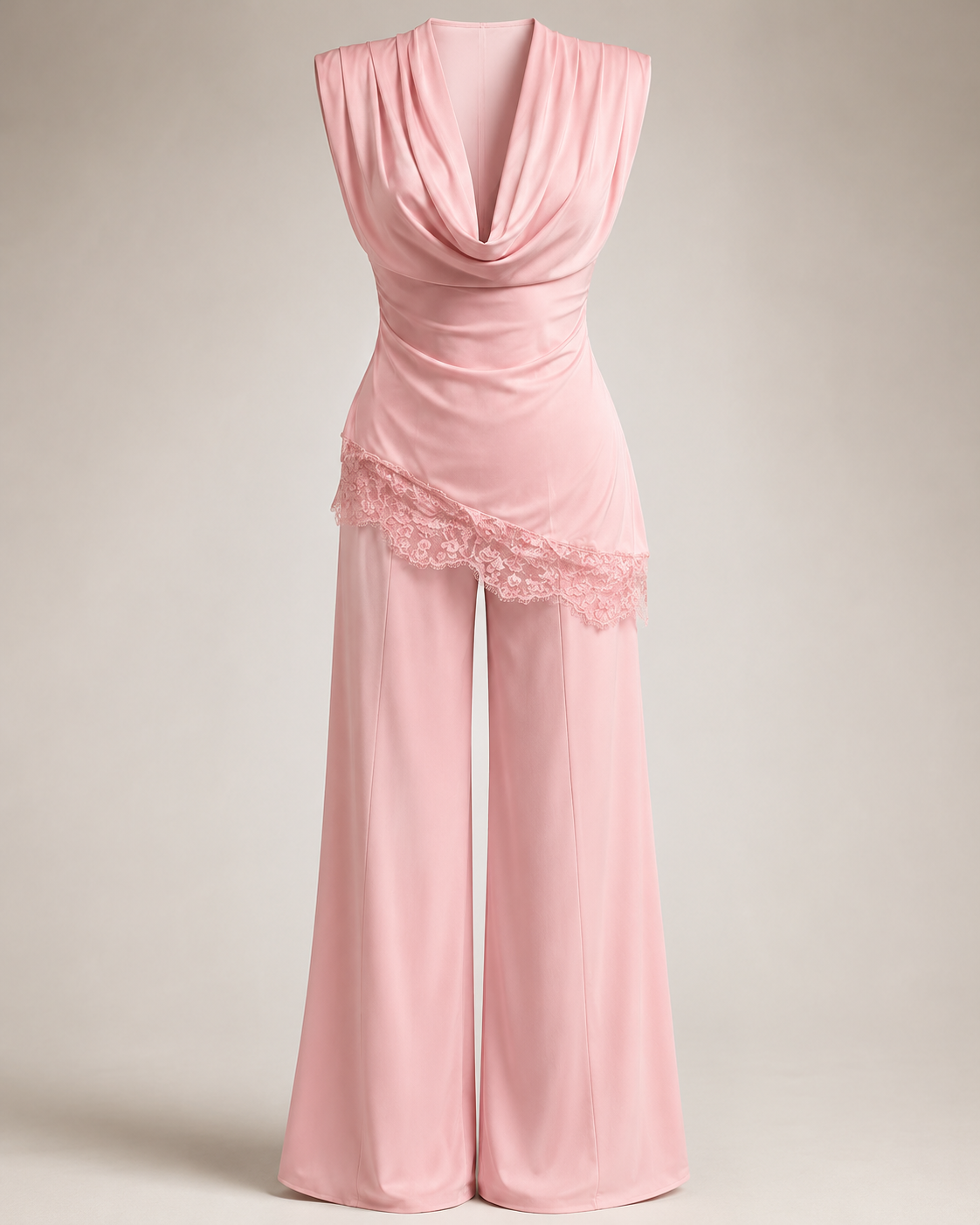 SHELLA — Ensemble palazzo 2 pièces : top drapé col bénitier sans manches à bordure dentelle & pantalon large / Draped Cowl Neck Lace Trim Wide-Leg Palazzo Co-Ord Set / طقم بنطلون واسع من قطعتين: توب بياقة كاول وحافة دانتيل وبنطلون بالازو