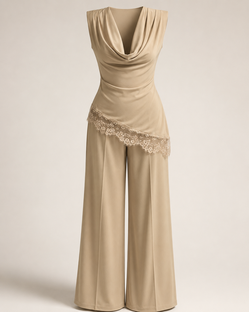 Draped Cowl Neck Lace Trim Palazzo Co-Ord Set