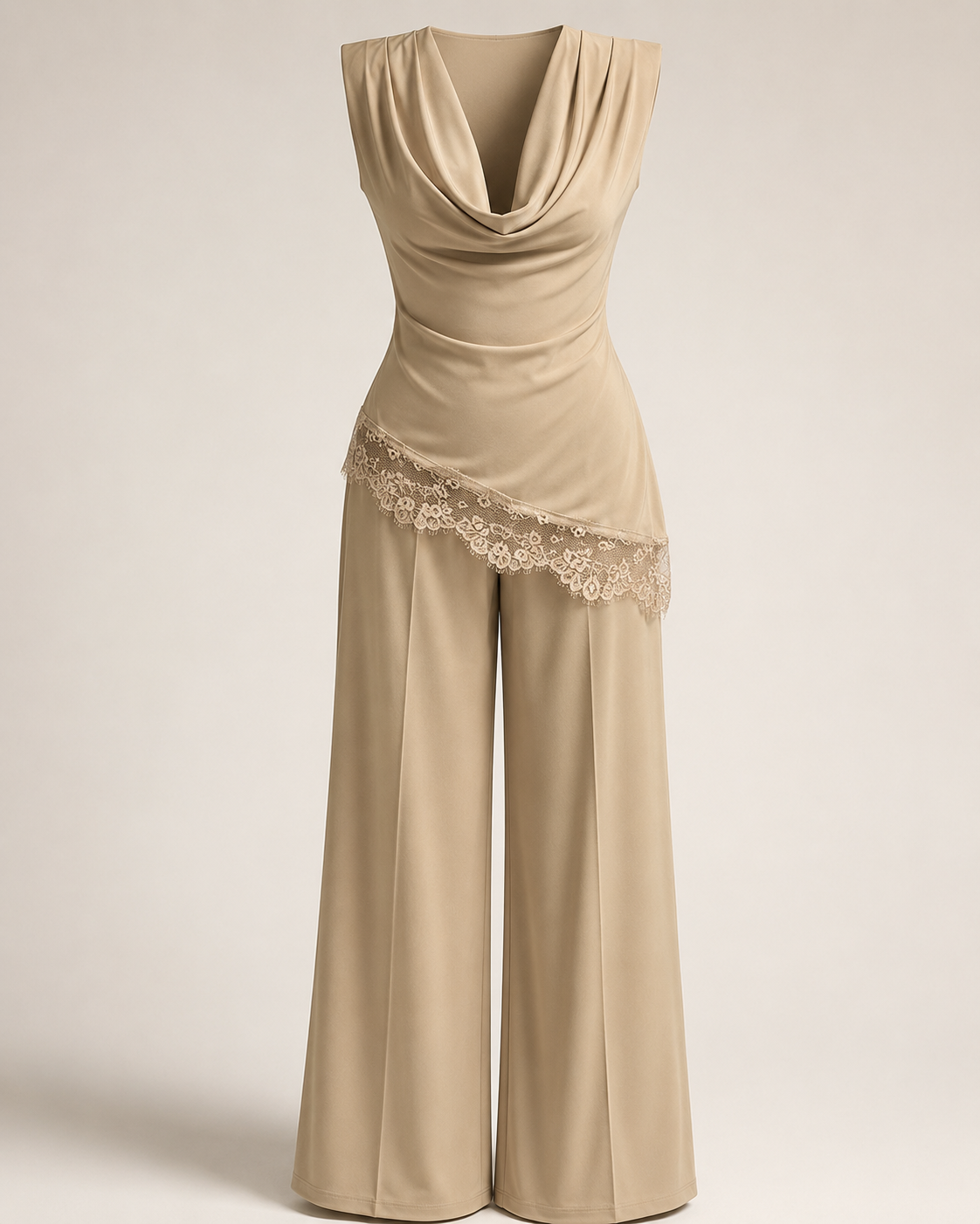 SHELLA — Ensemble palazzo 2 pièces : top drapé col bénitier sans manches à bordure dentelle & pantalon large / Draped Cowl Neck Lace Trim Wide-Leg Palazzo Co-Ord Set / طقم بنطلون واسع من قطعتين: توب بياقة كاول وحافة دانتيل وبنطلون بالازو