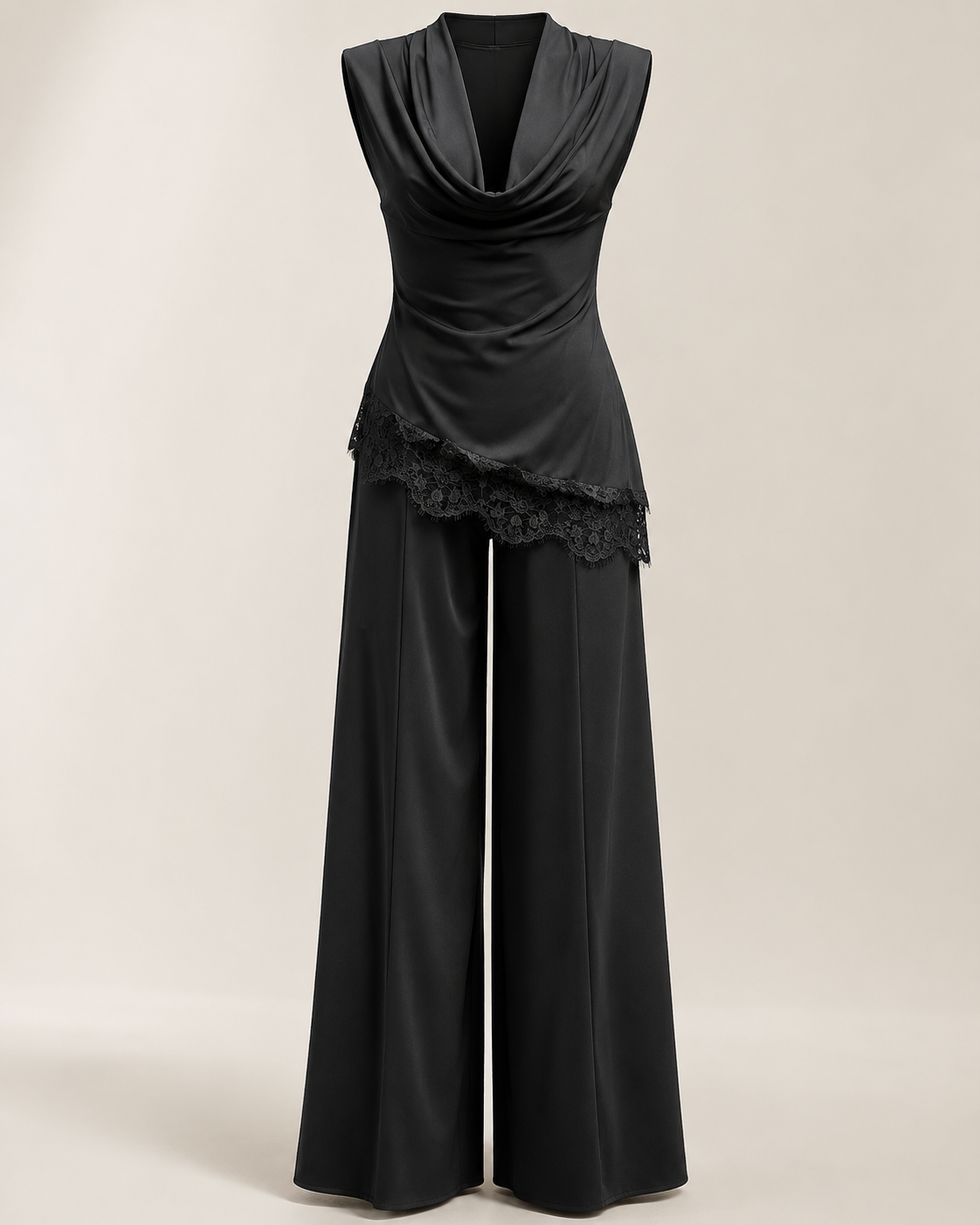 SHELLA — Ensemble palazzo 2 pièces : top drapé col bénitier sans manches à bordure dentelle & pantalon large / Draped Cowl Neck Lace Trim Wide-Leg Palazzo Co-Ord Set / طقم بنطلون واسع من قطعتين: توب بياقة كاول وحافة دانتيل وبنطلون بالازو