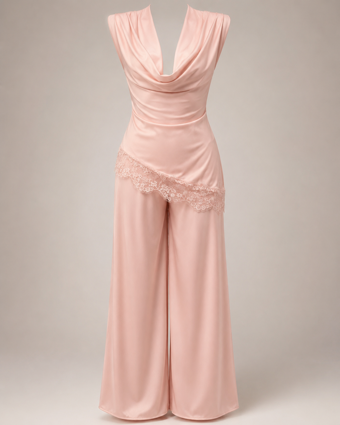 SHELLA — Ensemble palazzo 2 pièces : top drapé col bénitier sans manches à bordure dentelle & pantalon large / Draped Cowl Neck Lace Trim Wide-Leg Palazzo Co-Ord Set / طقم بنطلون واسع من قطعتين: توب بياقة كاول وحافة دانتيل وبنطلون بالازو