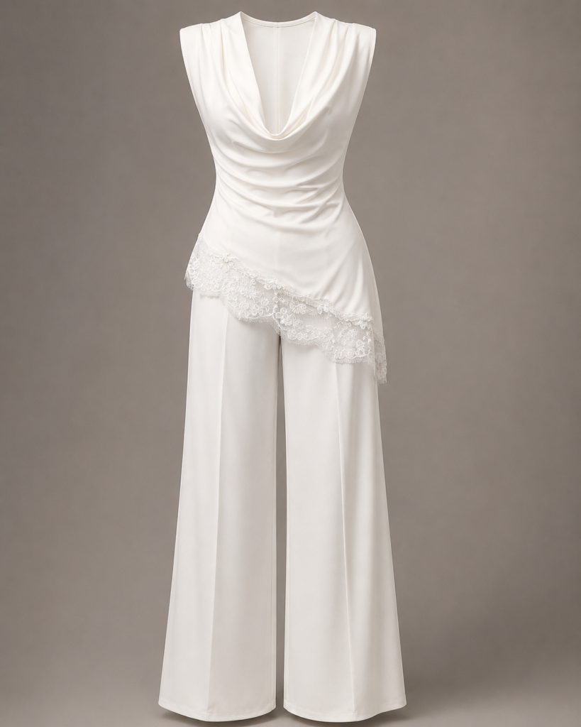 Draped Cowl Neck Lace Trim Palazzo Co-Ord Set