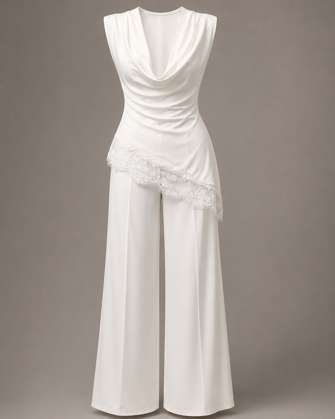 SHELLA — Ensemble palazzo 2 pièces : top drapé col bénitier sans manches à bordure dentelle & pantalon large / Draped Cowl Neck Lace Trim Wide-Leg Palazzo Co-Ord Set / طقم بنطلون واسع من قطعتين: توب بياقة كاول وحافة دانتيل وبنطلون بالازو