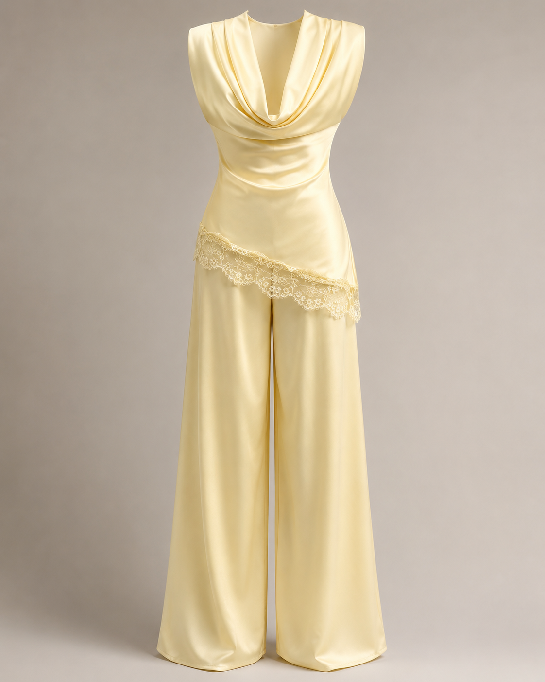 SHELLA — Ensemble palazzo 2 pièces : top drapé col bénitier sans manches à bordure dentelle & pantalon large / Draped Cowl Neck Lace Trim Wide-Leg Palazzo Co-Ord Set / طقم بنطلون واسع من قطعتين: توب بياقة كاول وحافة دانتيل وبنطلون بالازو