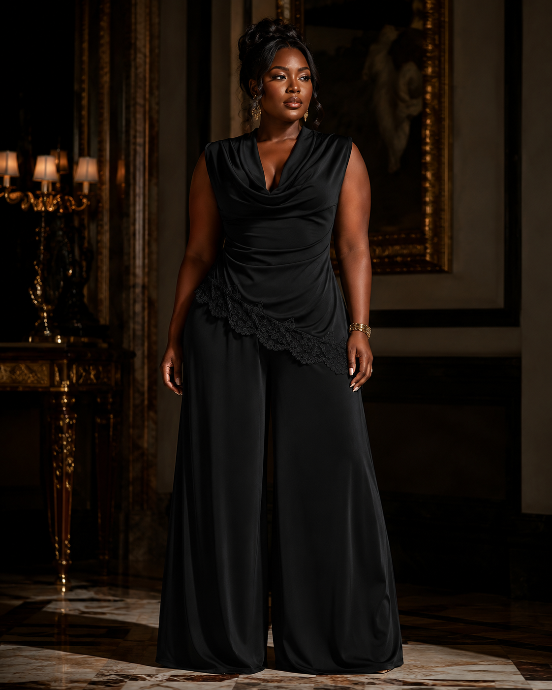 SHELLA — Ensemble palazzo 2 pièces : top drapé col bénitier sans manches à bordure dentelle & pantalon large / Draped Cowl Neck Lace Trim Wide-Leg Palazzo Co-Ord Set / طقم بنطلون واسع من قطعتين: توب بياقة كاول وحافة دانتيل وبنطلون بالازو