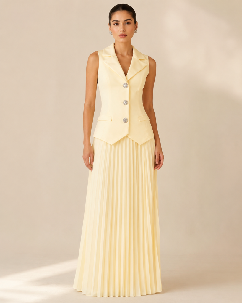 EMY Paris Sleeveless Tailored Vest & Pleated Maxi Skirt Set