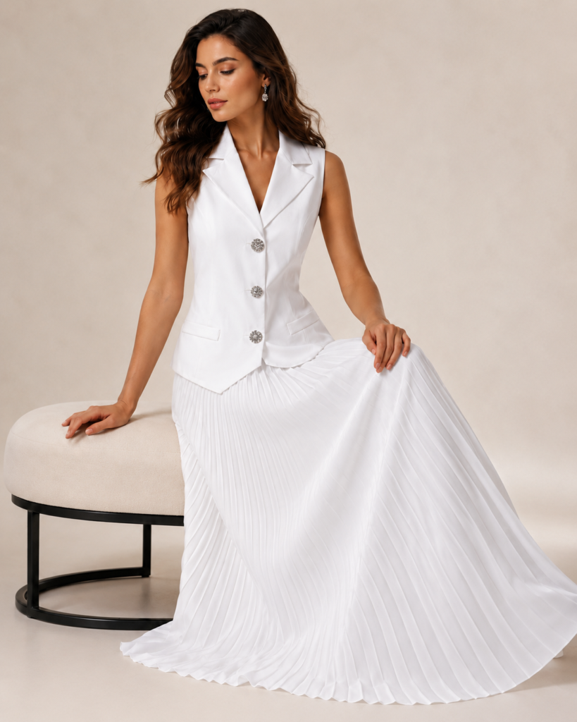 EMY Paris Sleeveless Tailored Vest & Pleated Maxi Skirt Set