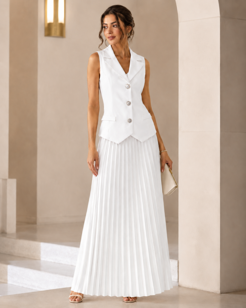 EMY Paris Sleeveless Tailored Vest & Pleated Maxi Skirt Set