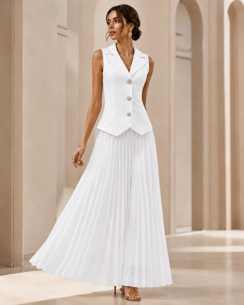 EMY Paris Sleeveless Tailored Vest & Pleated Maxi Skirt Set