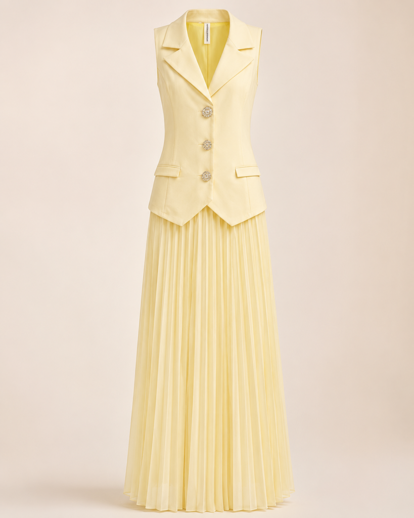 EMY Paris Sleeveless Tailored Vest & Pleated Maxi Skirt Set