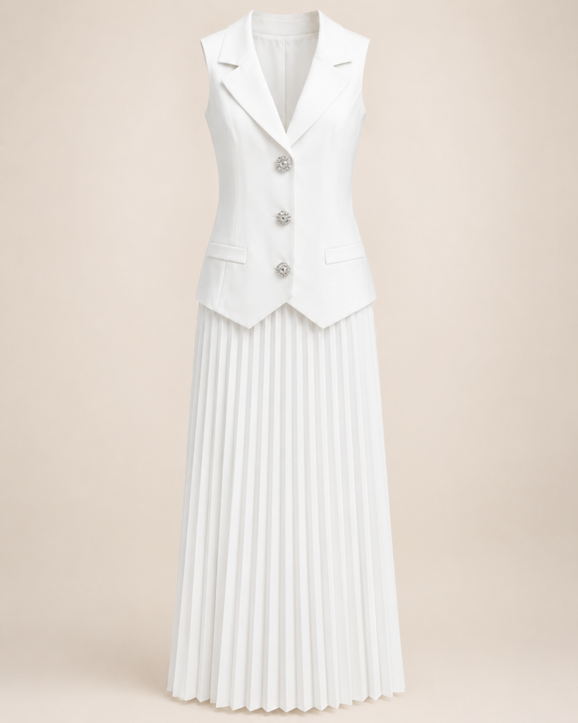 EMY Paris Sleeveless Tailored Vest & Pleated Maxi Skirt Set