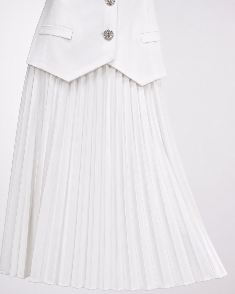 EMY Paris Sleeveless Tailored Vest & Pleated Maxi Skirt Set