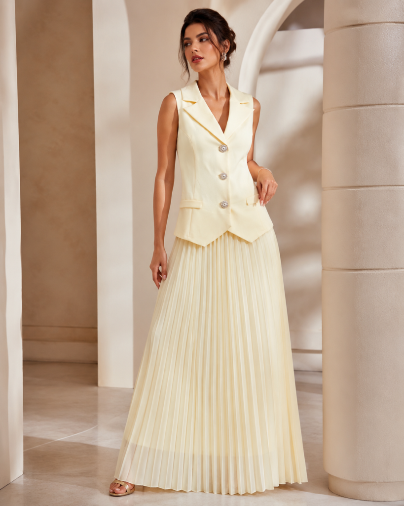 EMY Paris Sleeveless Tailored Vest & Pleated Maxi Skirt Set