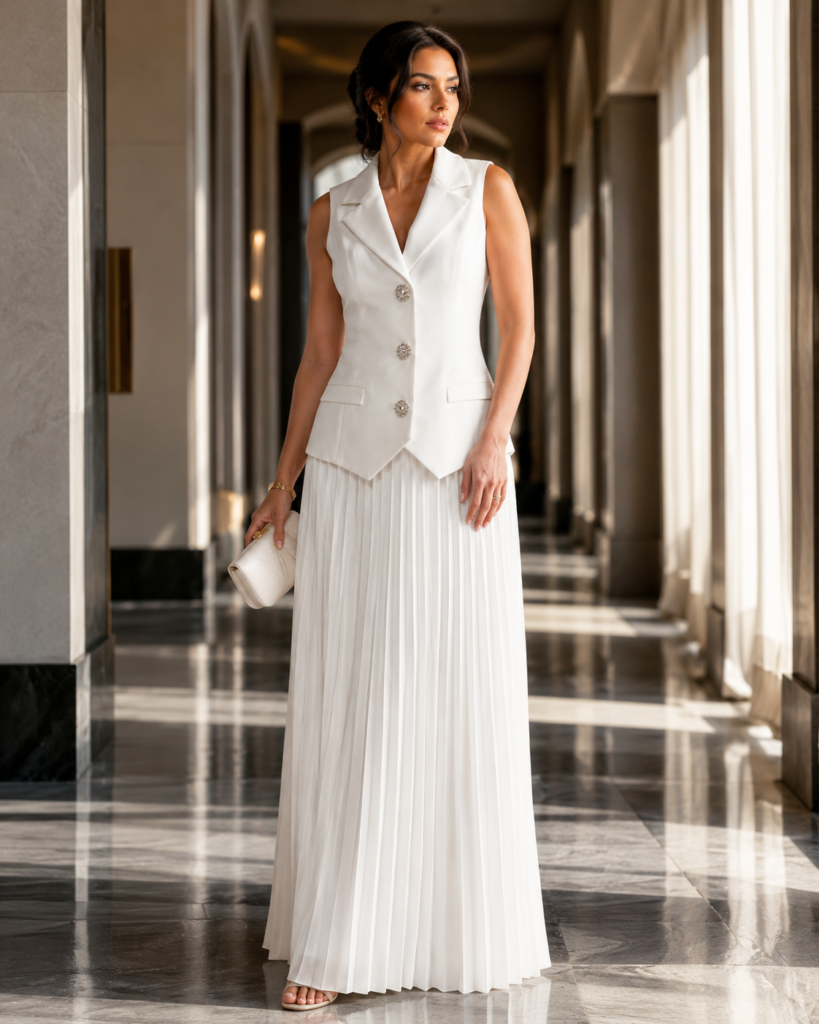 EMY Paris Sleeveless Tailored Vest & Pleated Maxi Skirt Set