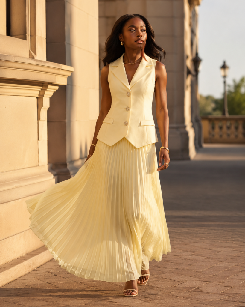 EMY Paris Sleeveless Tailored Vest & Pleated Maxi Skirt Set