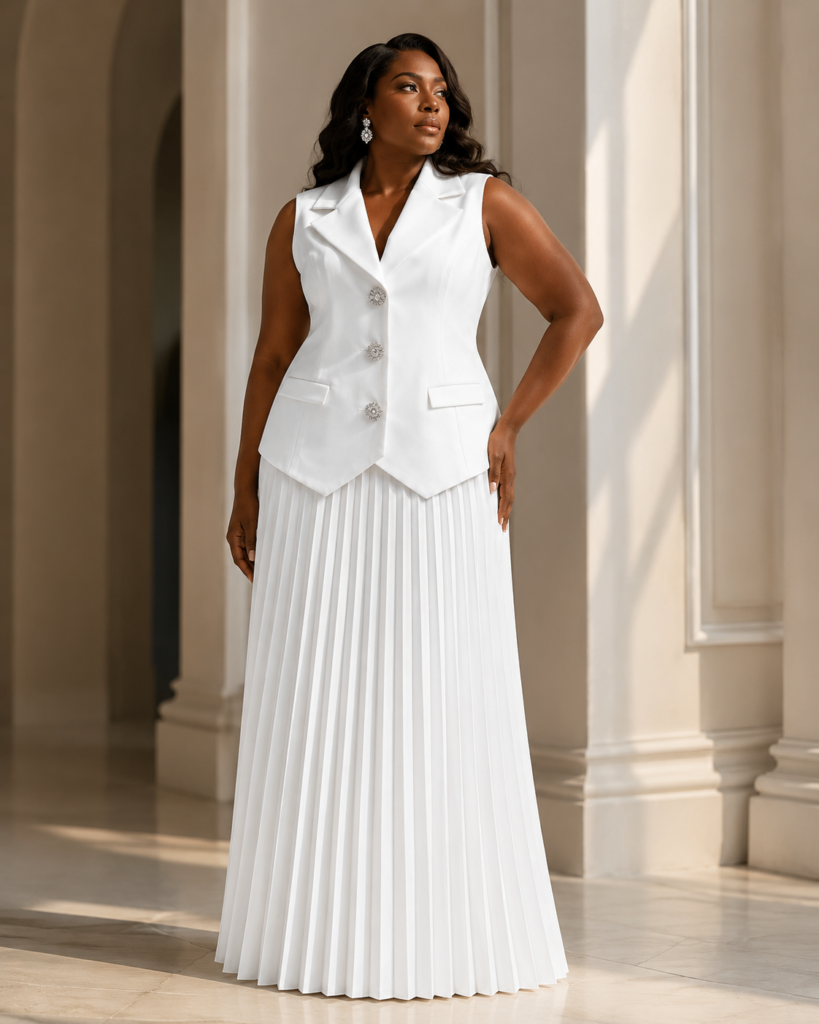 EMY Paris Sleeveless Tailored Vest & Pleated Maxi Skirt Set