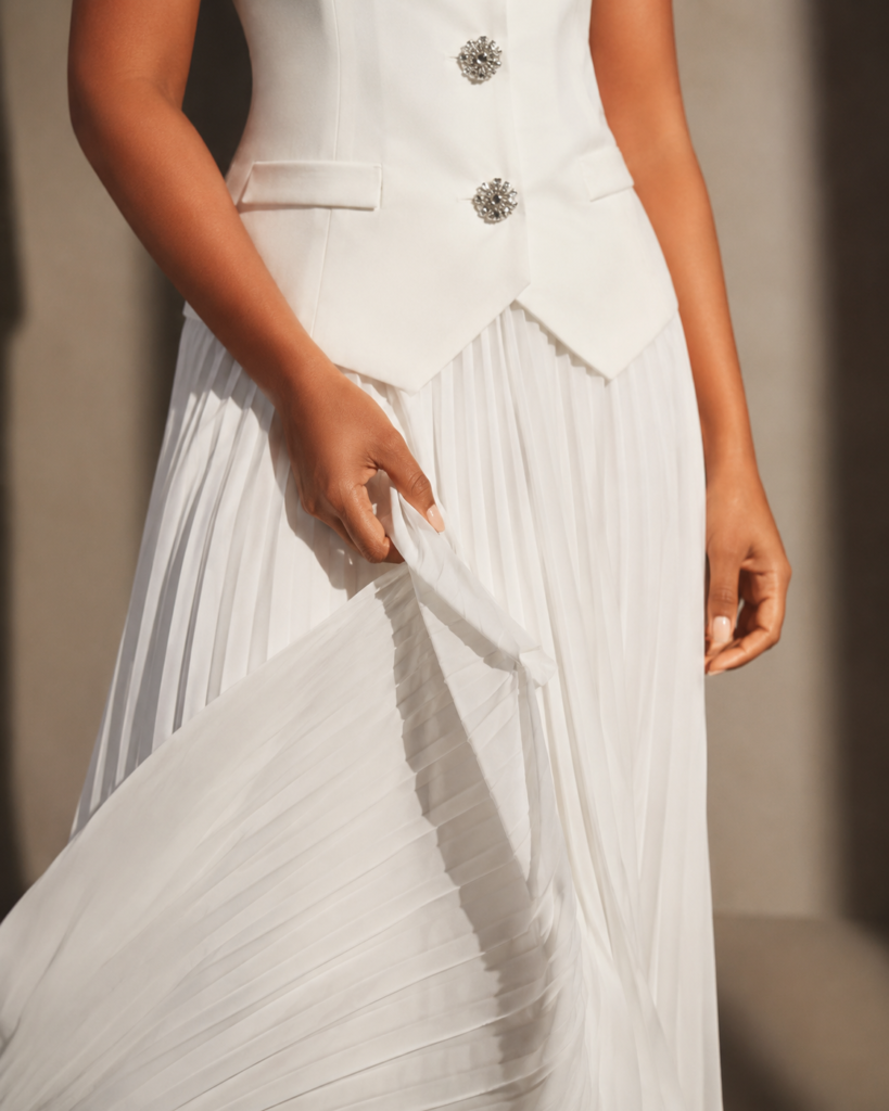 EMY Paris Sleeveless Tailored Vest & Pleated Maxi Skirt Set