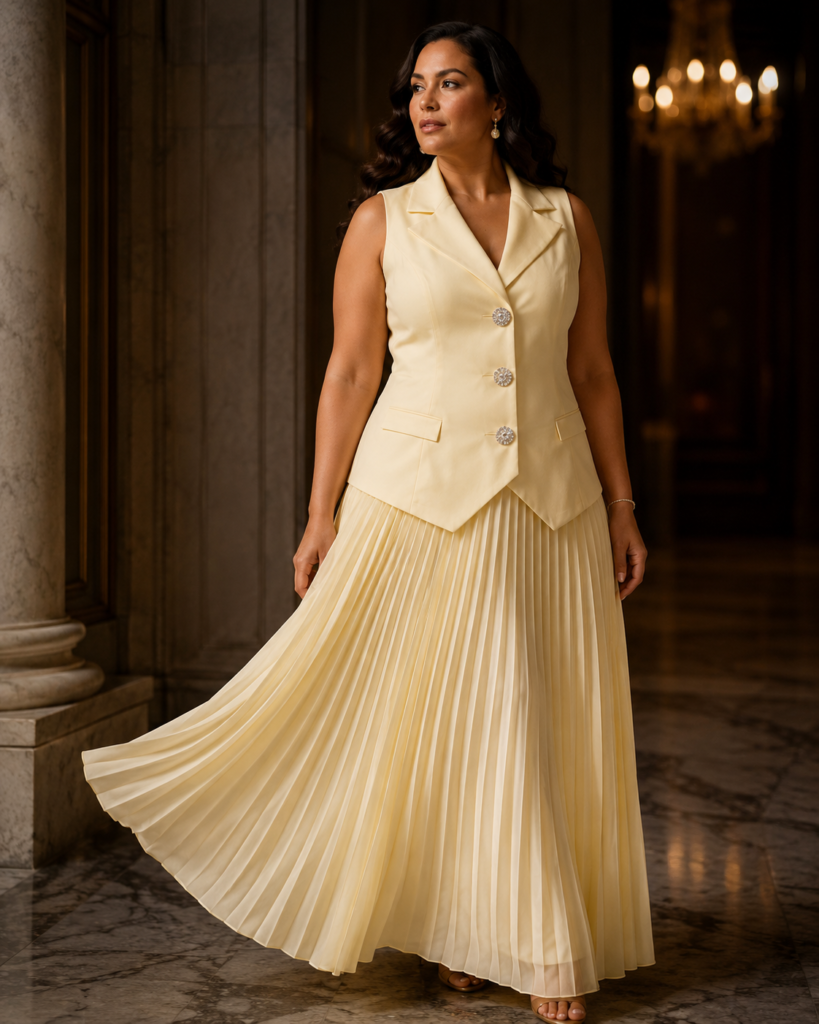 EMY Paris Sleeveless Tailored Vest & Pleated Maxi Skirt Set
