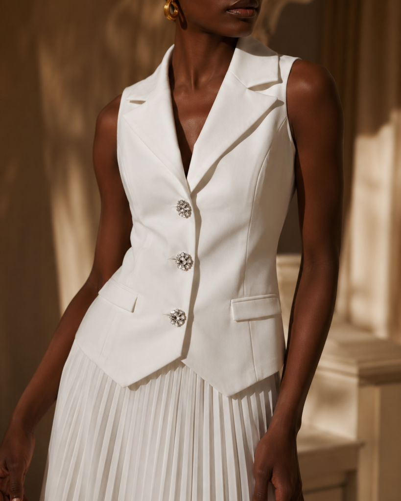 EMY Paris Sleeveless Tailored Vest & Pleated Maxi Skirt Set
